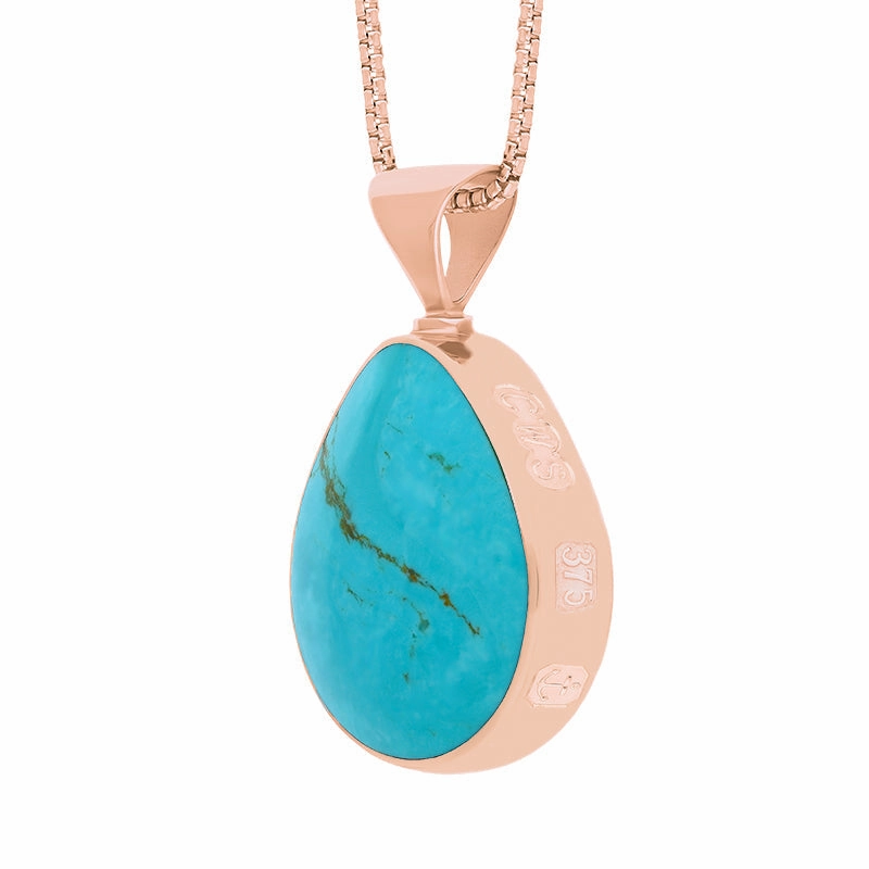 9ct Rose Gold Whitby Jet Turquoise King's Coronation Hallmark Double Sided Pear-shaped Necklace D