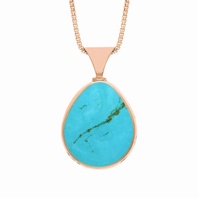 9ct Rose Gold Whitby Jet Turquoise King's Coronation Hallmark Double Sided Pear-shaped Necklace D