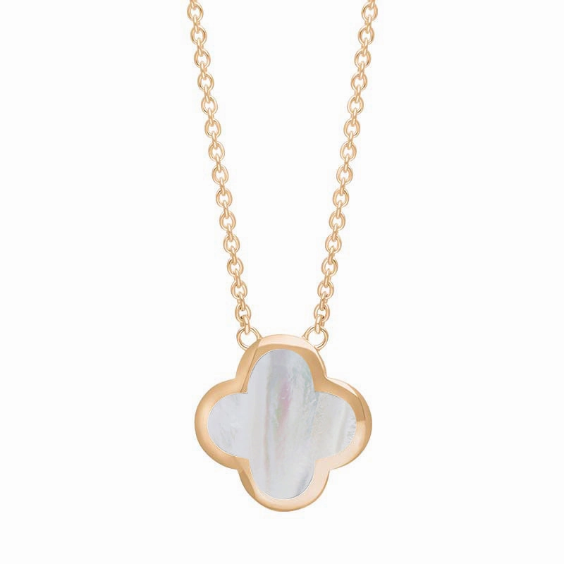9ct Rose Gold White Mother of Pearl Bloom Large Four Leaf Clover Polished Edge Pendant