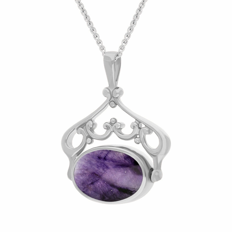 9ct White Gold Blue John Mother Of Pearl Double Sided Oval Swivel Fob Necklace