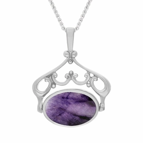 9ct White Gold Blue John Mother Of Pearl Double Sided Oval Swivel Fob Necklace