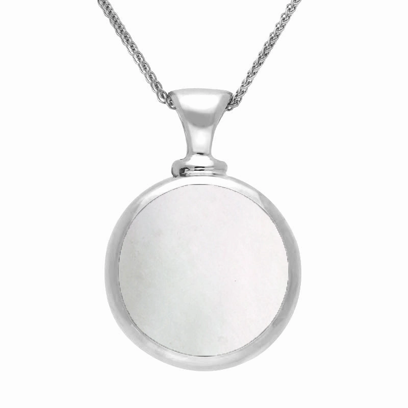 9ct White Gold Blue John Mother Of Pearl Double Sided Round Dinky Fob Necklace