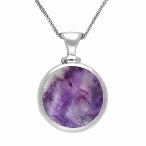 9ct White Gold Blue John Mother Of Pearl Double Sided Round Dinky Fob Necklace