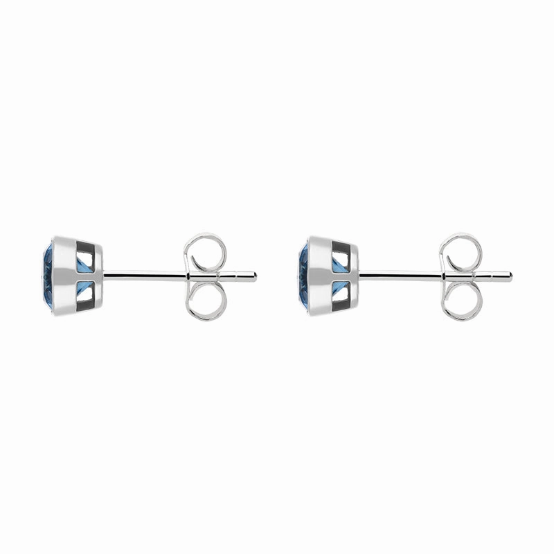 9ct White Gold Blue Topaz 4mm Round Rub Over Set Stud Earrings