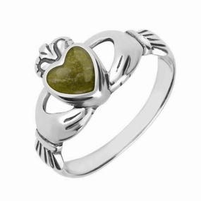 9ct White Gold Connemara Green Marble Claddagh Set Ring