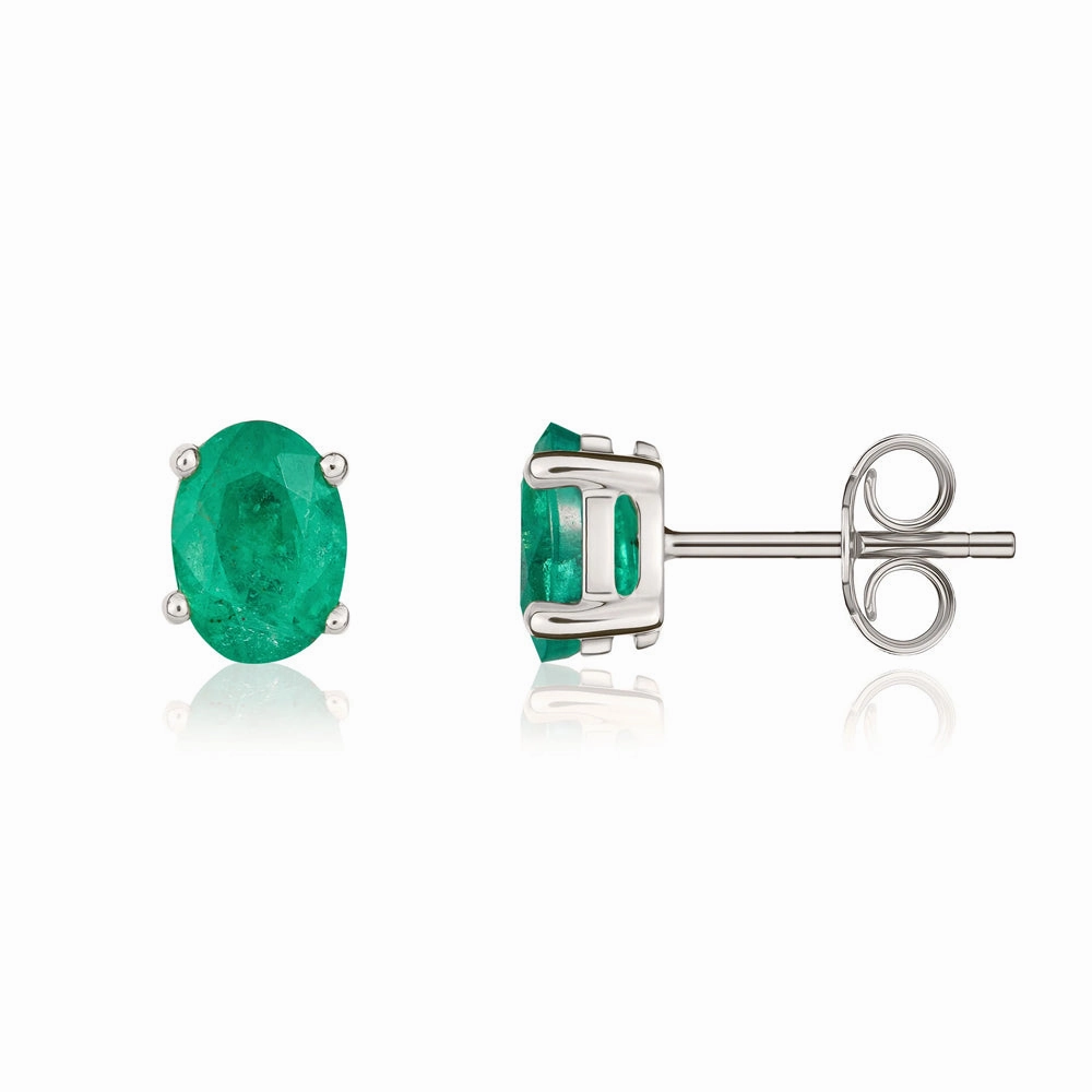 9ct White Gold Emerald 7x5mm Oval Claw Set Stud Earrings