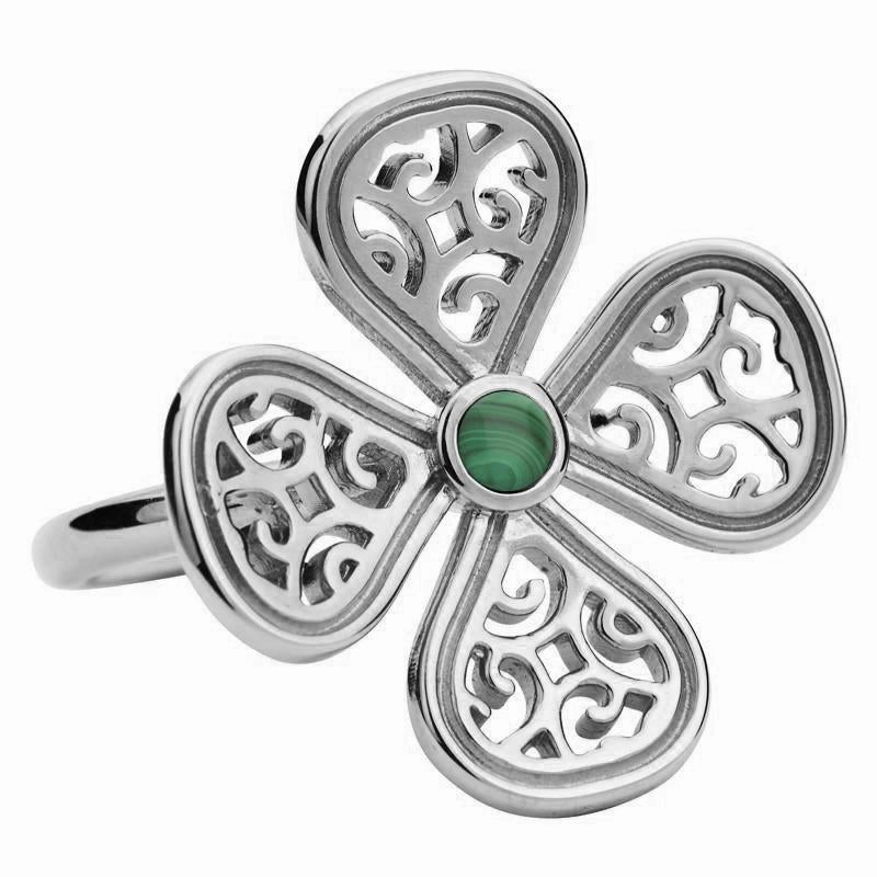 9ct White Gold Malachite Flore Four Petal Filigree Ring