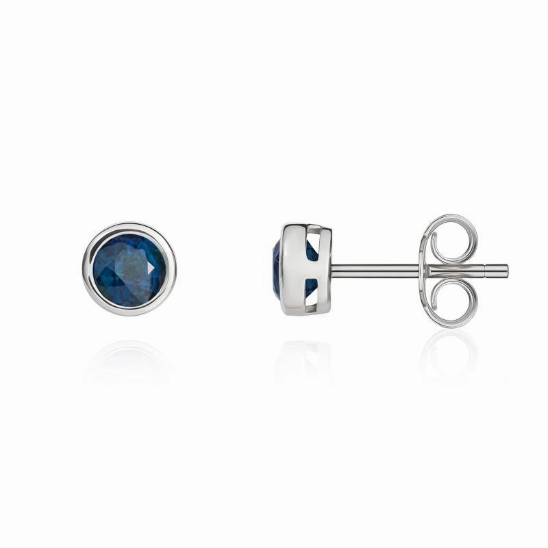 9ct White Gold Sapphire 4mm Round Rub Over Set Stud Earrings