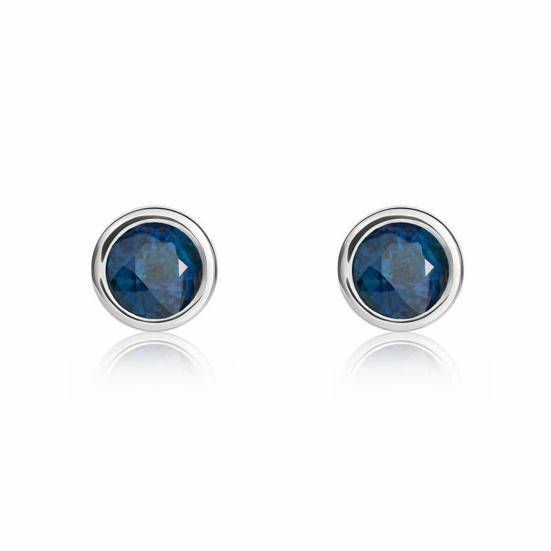 9ct White Gold Sapphire 4mm Round Rub Over Set Stud Earrings