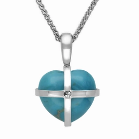 9ct White Gold Turquoise Marcasite Small Cross Heart Necklace