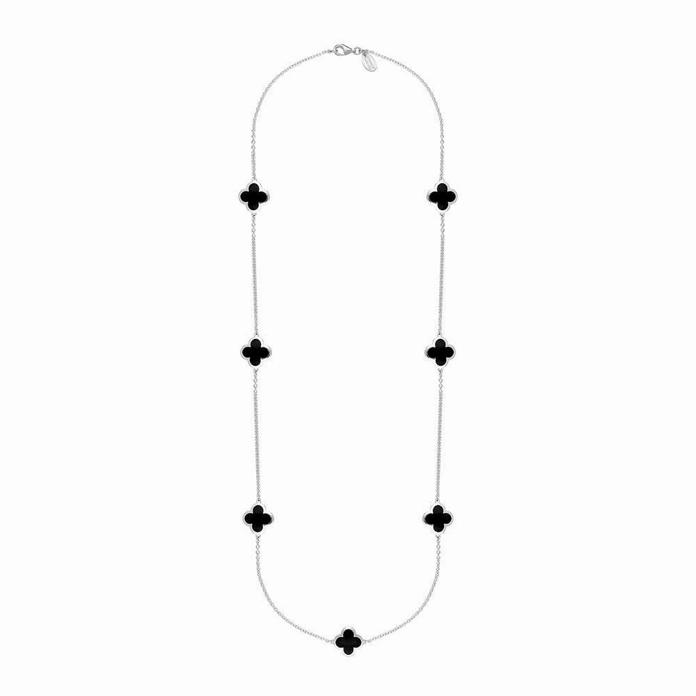 9ct White Gold Whitby Jet Bloom Four Leaf Clover Long Necklace