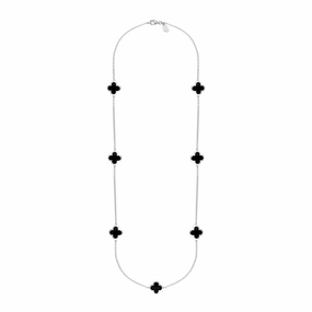 9ct White Gold Whitby Jet Bloom Four Leaf Clover Long Necklace