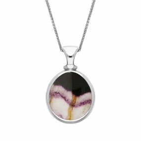 9ct White Gold Whitby Jet Blue John Small Double Sided Pear Fob Necklace