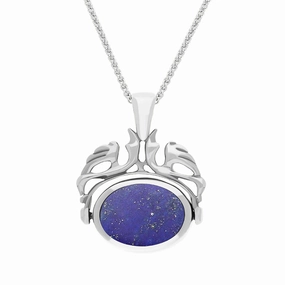 9ct White Gold Whitby Jet Lapis Lazuli Double Sided Oval Swivel Fob Necklace