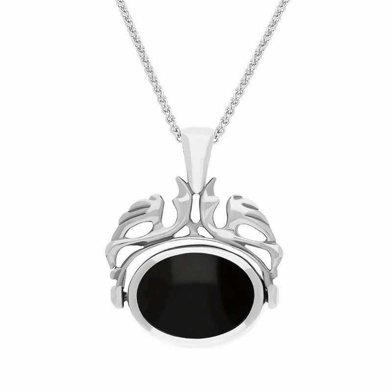 9ct White Gold Whitby Jet Lapis Lazuli Double Sided Oval Swivel Fob Necklace