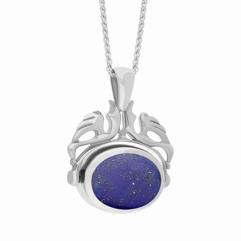 9ct White Gold Whitby Jet Lapis Lazuli Double Sided Oval Swivel Fob Necklace