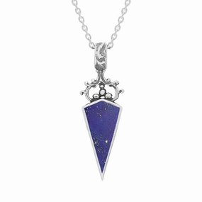 9ct White Gold Whitby Jet Lapis Lazuli Double Sided Scroll Dagger Fob Necklace
