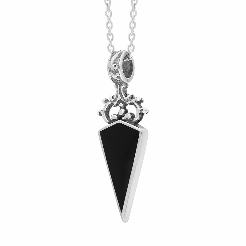 9ct White Gold Whitby Jet Lapis Lazuli Double Sided Scroll Dagger Fob Necklace