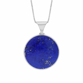 9ct White Gold Whitby Jet Lapis Lazuli Queens Jubilee Hallmark Double Sided Round Necklace D