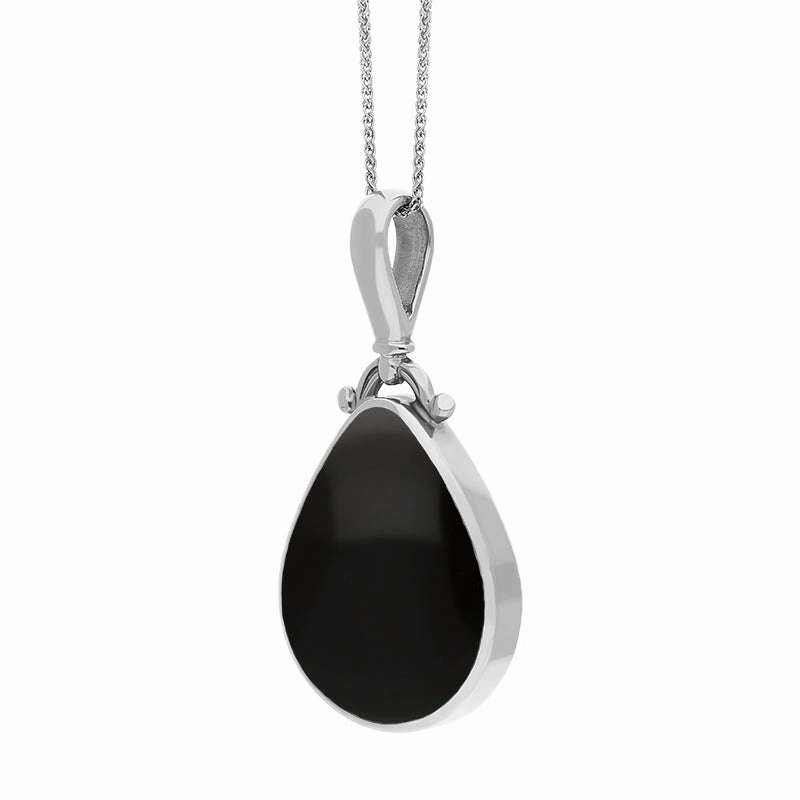9ct White Gold Whitby Jet Malachite Double Sided Pear Fob Necklace