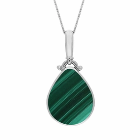 9ct White Gold Whitby Jet Malachite Double Sided Pear Fob Necklace