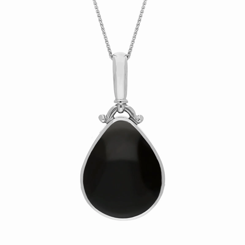 9ct White Gold Whitby Jet Malachite Double Sided Pear Fob Necklace