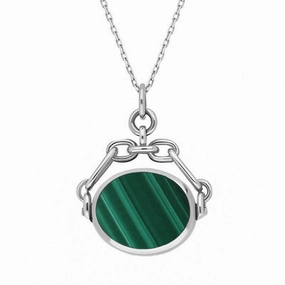 9ct White Gold Whitby Jet Malachite Double Sided Swivel Fob Necklace