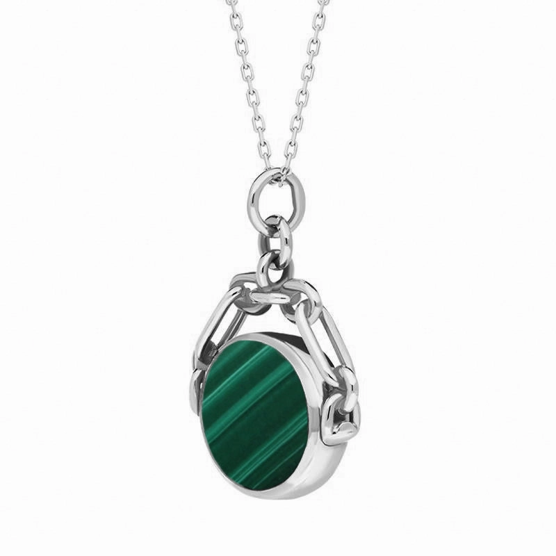 9ct White Gold Whitby Jet Malachite Double Sided Swivel Fob Necklace