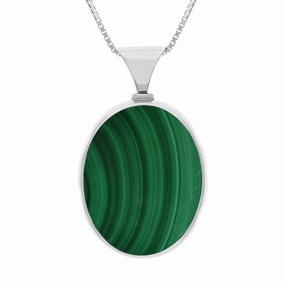 9ct White Gold Whitby Jet Malachite King's Coronation Hallmark Double Sided Oval Necklace D