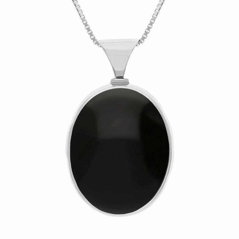 9ct White Gold Whitby Jet Malachite King's Coronation Hallmark Double Sided Oval Necklace D
