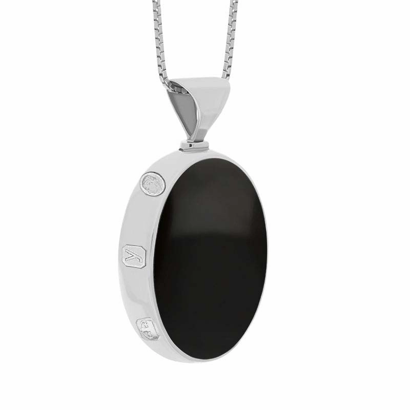 9ct White Gold Whitby Jet Malachite King's Coronation Hallmark Double Sided Oval Necklace D