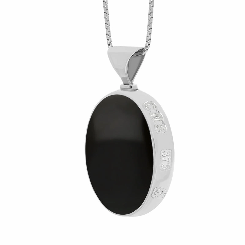 9ct White Gold Whitby Jet Malachite King's Coronation Hallmark Double Sided Oval Necklace D
