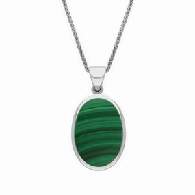 9ct White Gold Whitby Jet Malachite Small Double Sided Fob Necklace