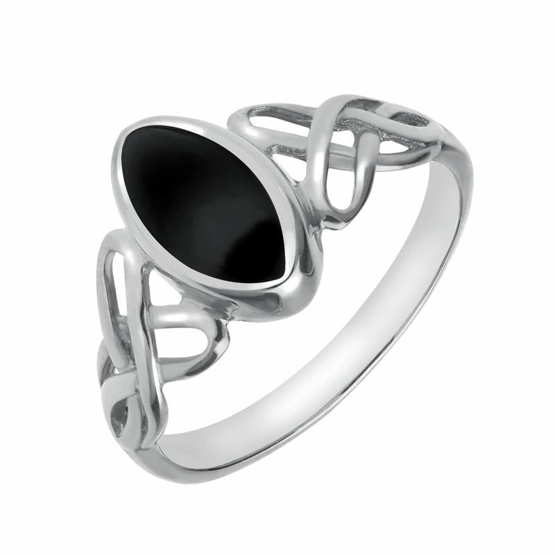 9ct White Gold Whitby Jet Marquise Celtic Ring