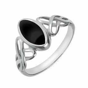 9ct White Gold Whitby Jet Marquise Celtic Ring