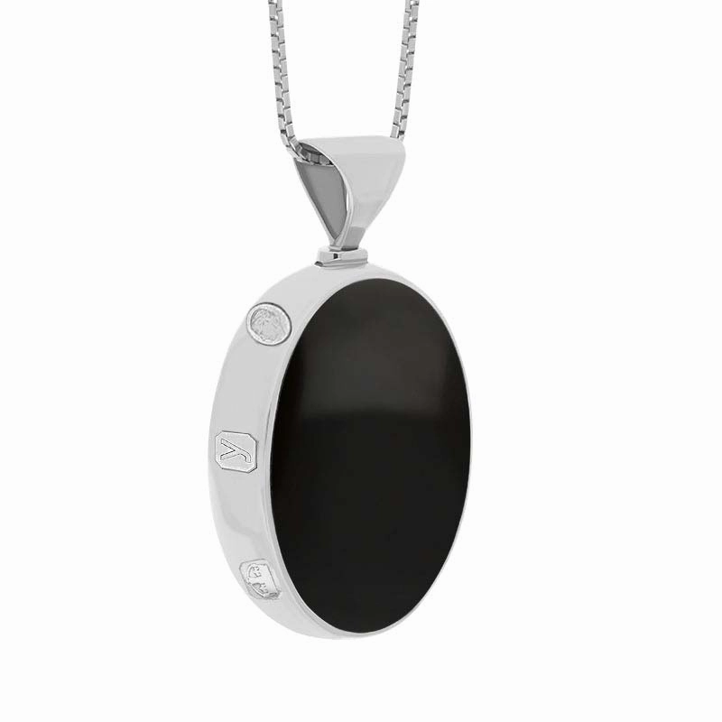 9ct White Gold Whitby Jet Mother of Pearl King's Coronation Hallmark Double Sided Oval Necklace D