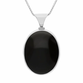 9ct White Gold Whitby Jet Mother of Pearl King's Coronation Hallmark Double Sided Oval Necklace D