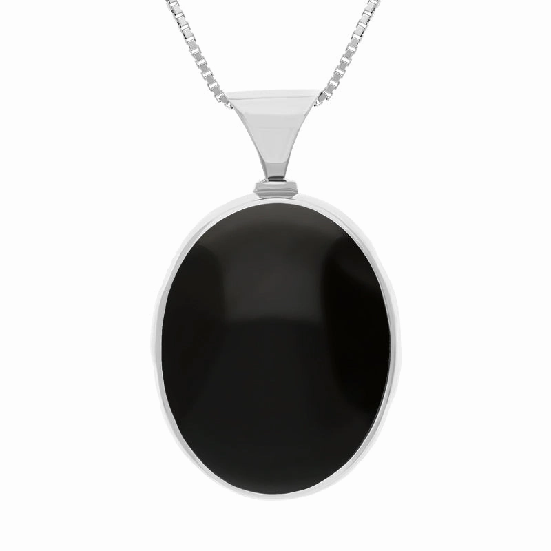 9ct White Gold Whitby Jet Mother of Pearl King's Coronation Hallmark Double Sided Oval Necklace D