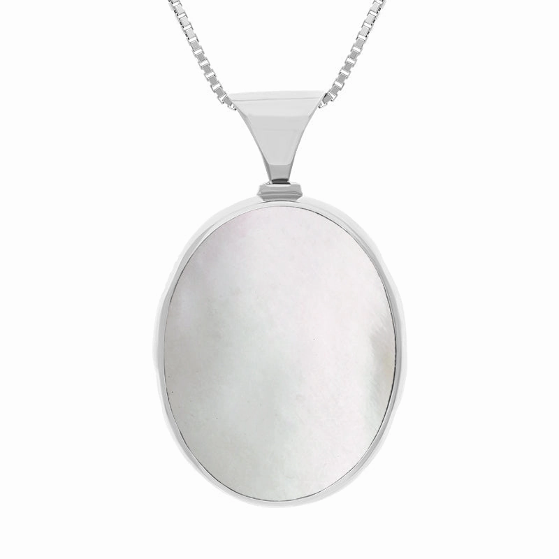9ct White Gold Whitby Jet Mother of Pearl King's Coronation Hallmark Double Sided Oval Necklace D