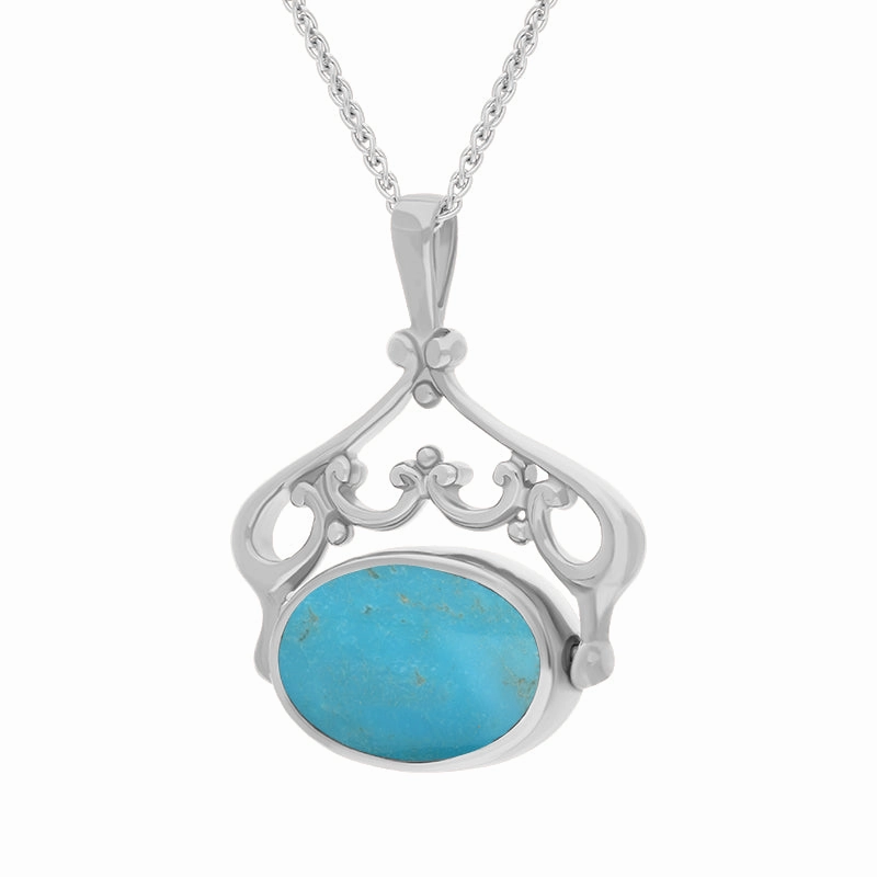 9ct White Gold Whitby Jet Turquoise Double Sided Oval Swivel Fob Necklace