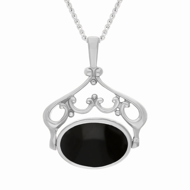 9ct White Gold Whitby Jet Turquoise Double Sided Oval Swivel Fob Necklace
