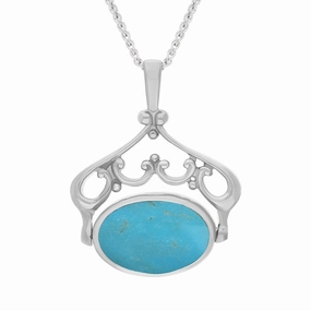 9ct White Gold Whitby Jet Turquoise Double Sided Oval Swivel Fob Necklace