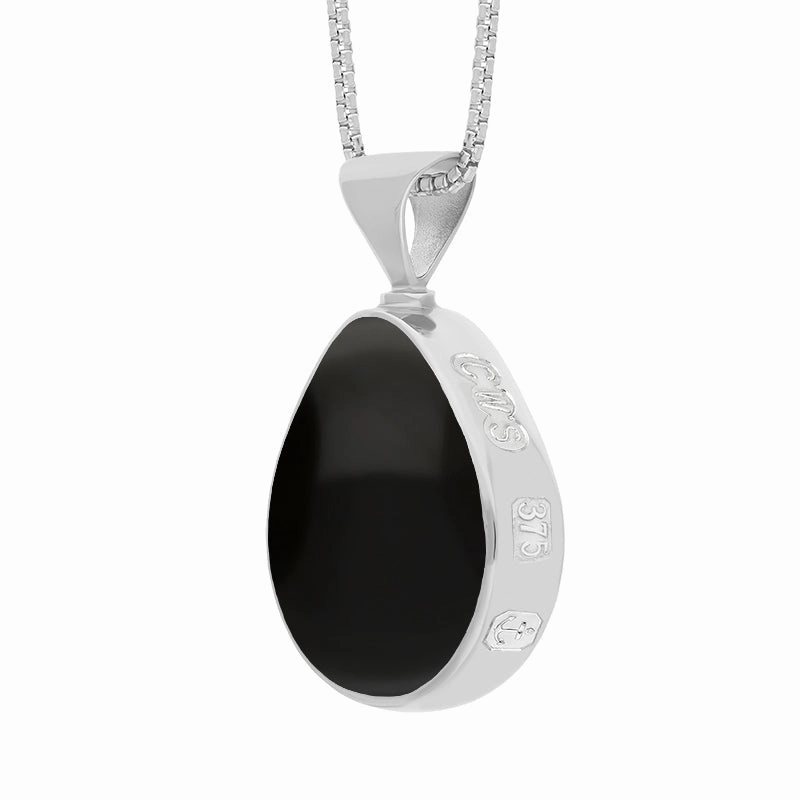 9ct White Gold Whitby Jet Turquoise King's Coronation Hallmark Double Sided Pear-shaped Necklace D