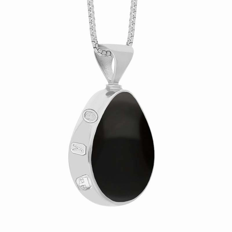 9ct White Gold Whitby Jet Turquoise King's Coronation Hallmark Double Sided Pear-shaped Necklace D