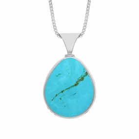 9ct White Gold Whitby Jet Turquoise King's Coronation Hallmark Double Sided Pear-shaped Necklace D