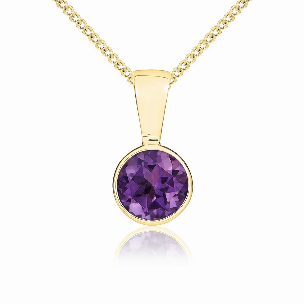 9ct Yellow Gold Amethyst 5mm Round Rub Over Set Necklace