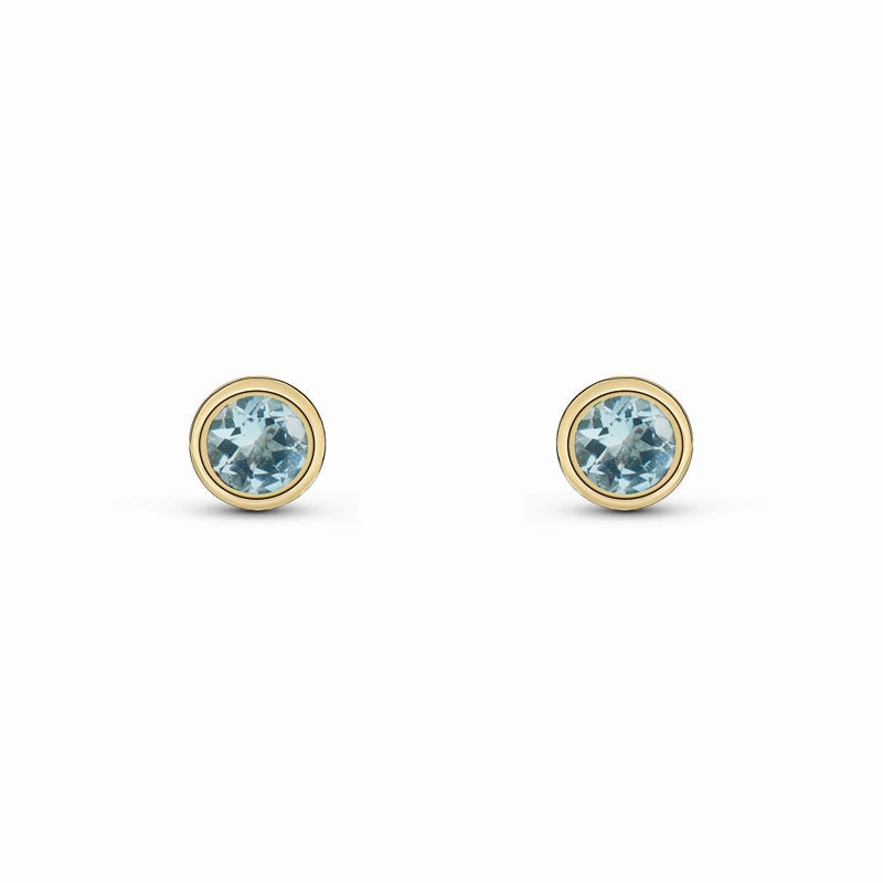 9ct Yellow Gold Aquamarine 3mm Round Rub Over Set Stud Earrings