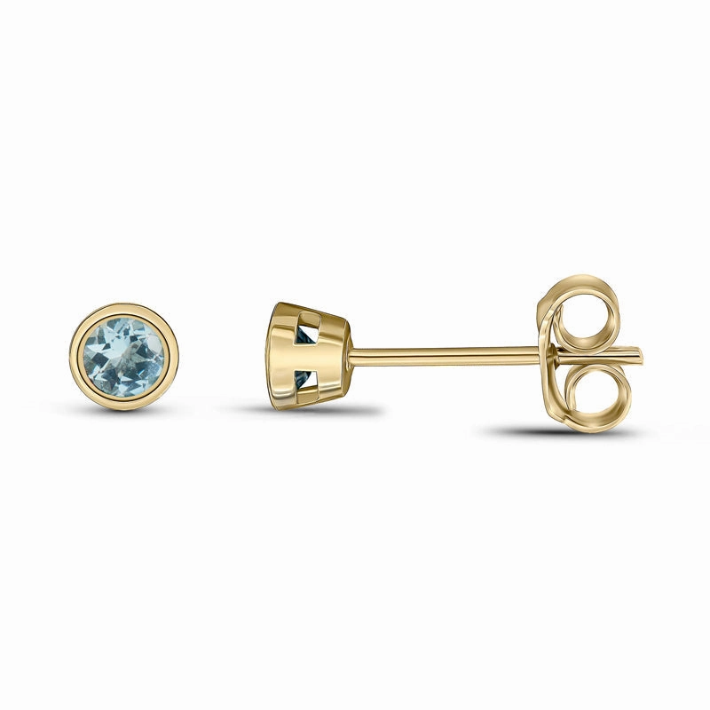 9ct Yellow Gold Aquamarine 3mm Round Rub Over Set Stud Earrings