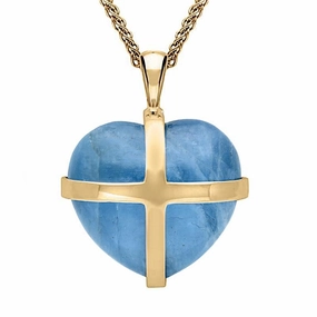 9ct Yellow Gold Aquamarine Large Cross Heart Necklace