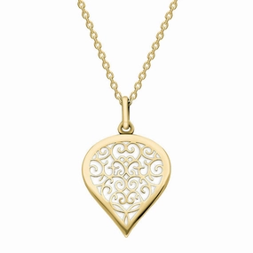 9ct Yellow Gold Bauxite Flore Filigree Medium Heart Necklace